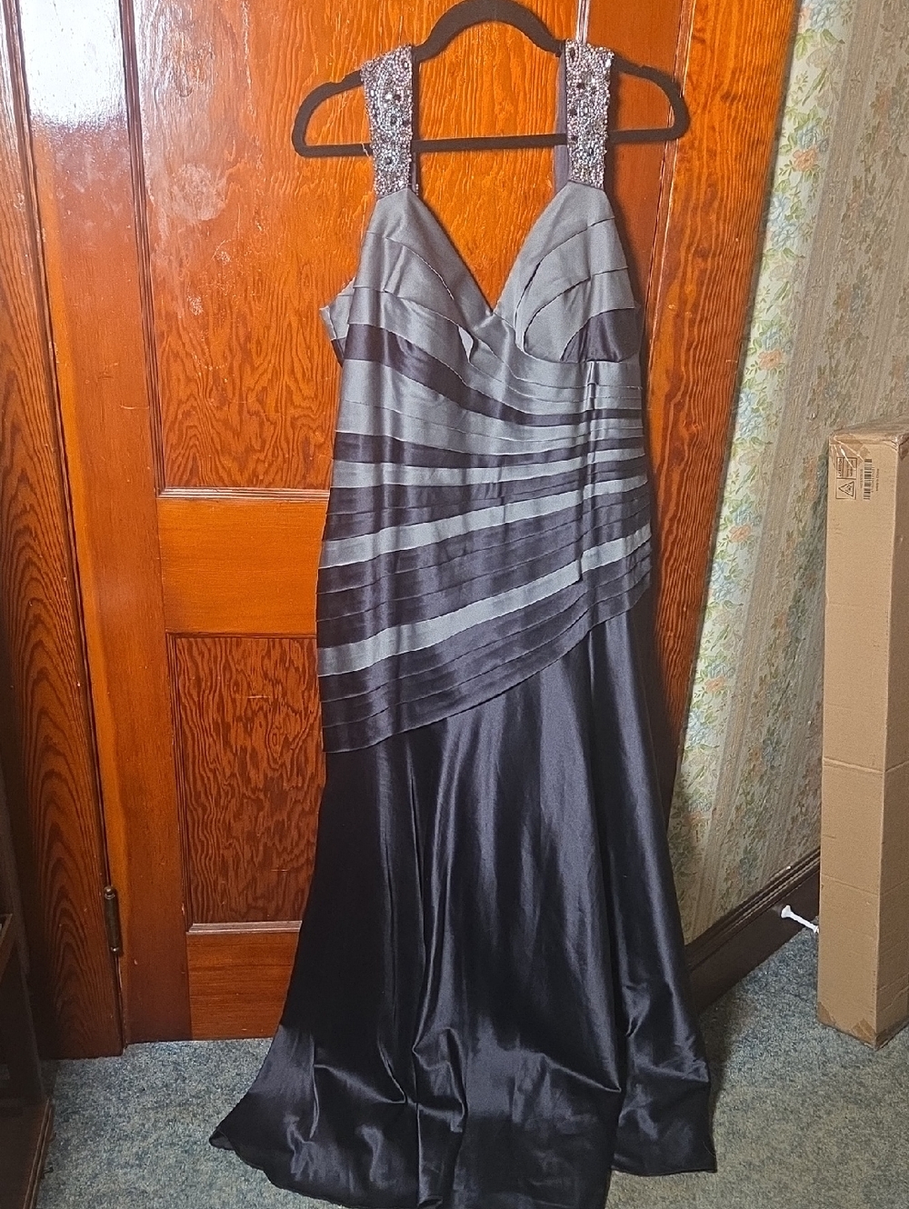 Never Worn VM Collection Black and Charcoal Satin Prom Dress with Beaded Straps